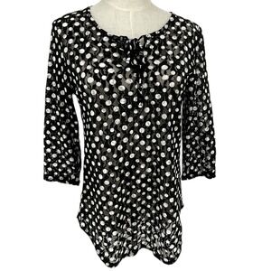 Chicos Black White Polka Dot Sheer 3/4 Sleeve Tie Neck Tunic Top Women Sz 0 US 4